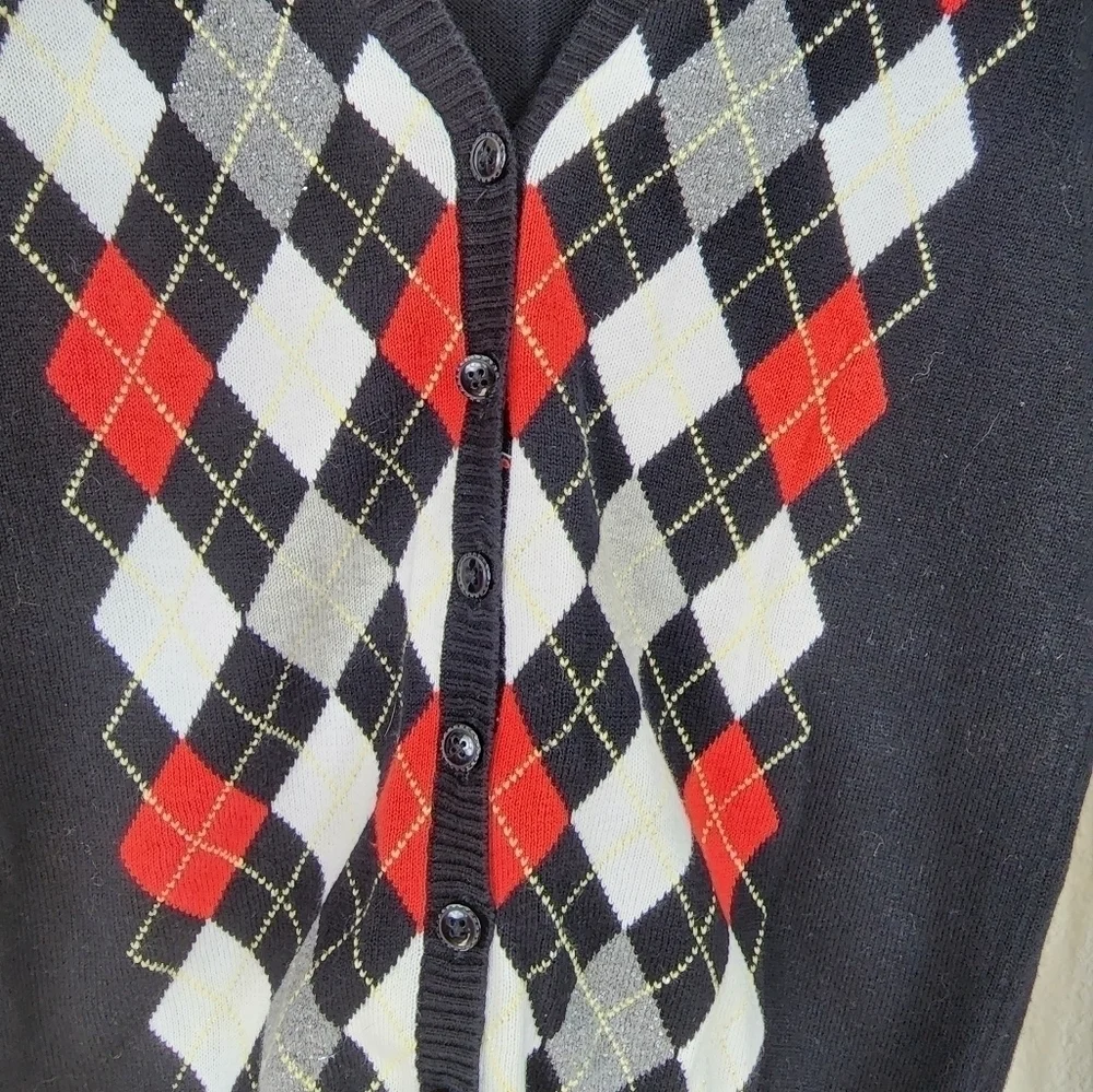 Justice Argyle Black Red White Girls Cardigan Sweater Size 14